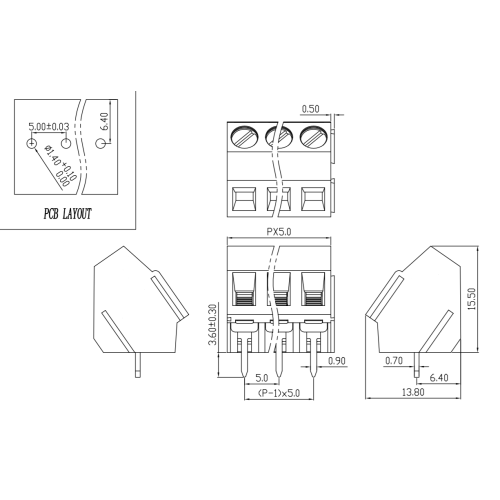 나사 타입 PCB 터미널 블록 45도 각도 배선